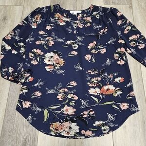 Fun 2 Fun Stitch Fix Kenmore Navy Blue Floral Split Neck Blouse Top Women Small
